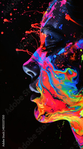 creative portrait, woman, noir, brain, abstract fluids, neon color, paint, black background