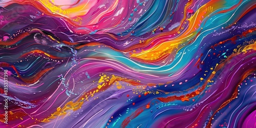 Cascading waves of color merging and diverging  creating a mesmerizing abstract composition that captures the essence of a joyous celebration in motion.