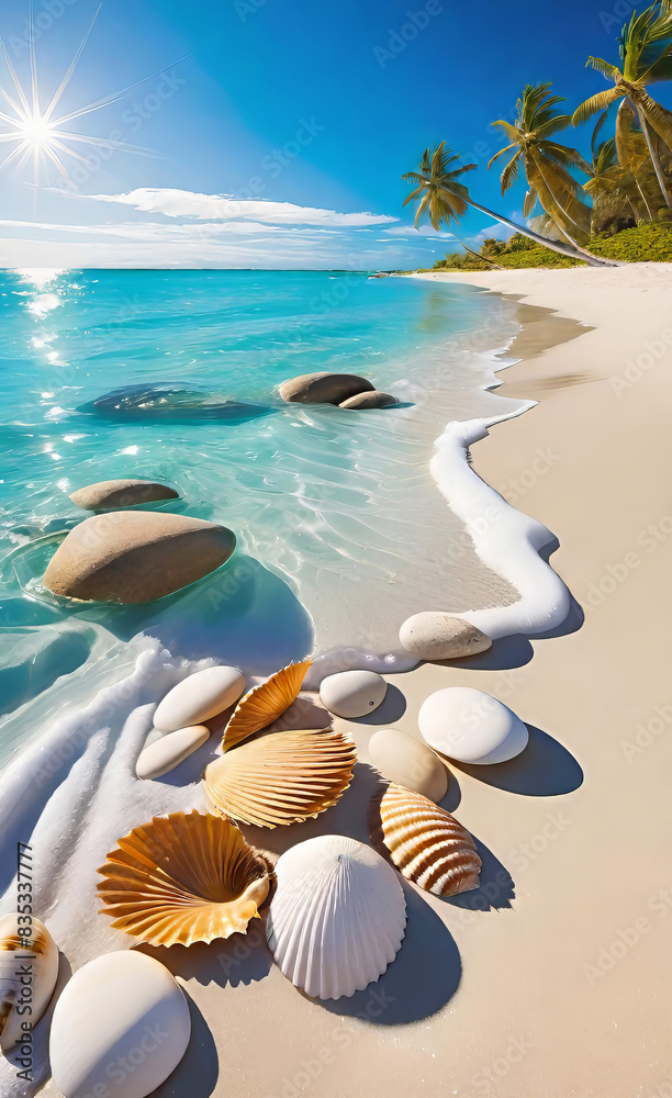 Stunning beach with crystal clear turquoise water, soft golden sand and gentle waves, tropical island vacation and vacation concept, Stunning beach with crystal clear turquoise water, soft golden sand and gentle waves, tropical island vacation and vacation concept,