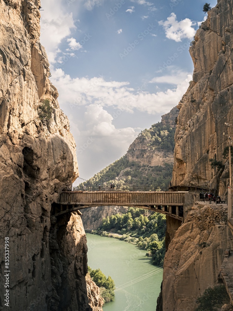 Fototapeta premium The famous bridge at the El Caminito del Rey path in the canyon of the Guadalhorce river in Andalusia
