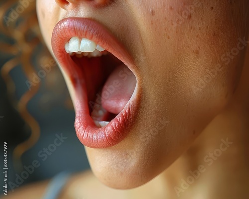 Close-up of a woman's open mouth showing teeth and tongue. Natural beauty and expressive emotions concept.