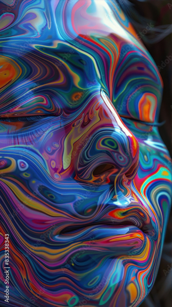 Fototapeta premium the face of a woman wearing a colorful face with colorful swirls, in the style of hyper-realistic sci-fi, surrealistic grotesque