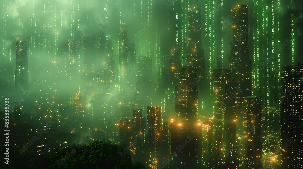 Obraz premium A digital illustration of rapid streams of binary code flowing through a futuristic cityscape, with glowing green numbers against a dark, high-tech background.