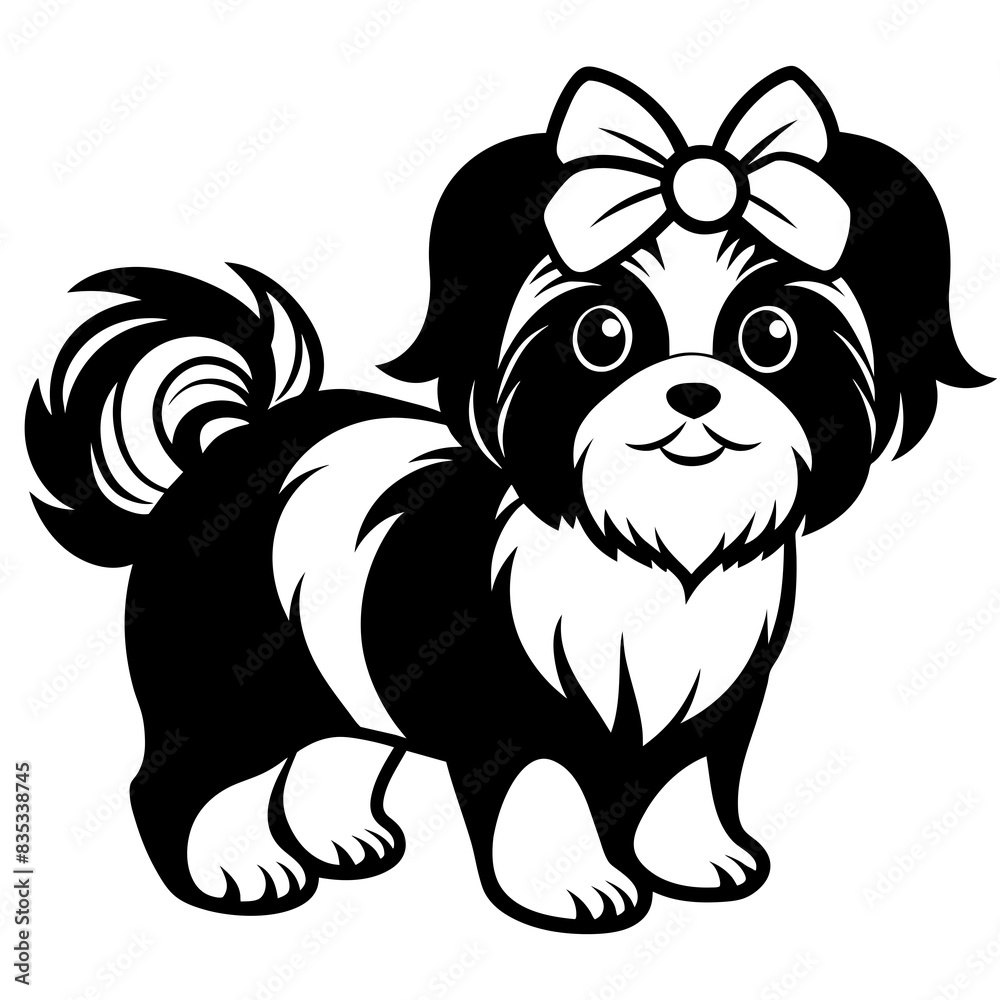 black and white Shitzu puppy. with a ponytail on his head