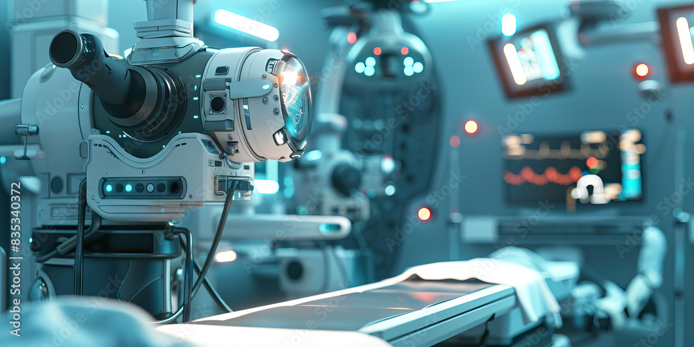 Cybernetic Clinic: A clinic specializing in cybernetic enhancements, with futuristic medical equipment and patients undergoing advanced procedures
