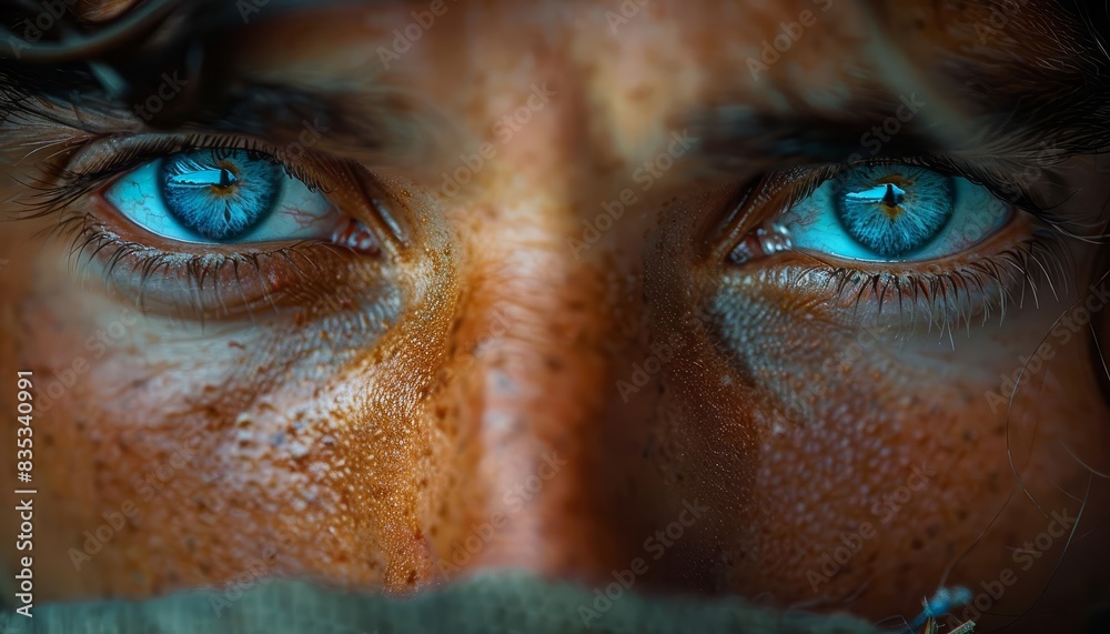 Stunning close-up of piercing blue eyes and freckled face, capturing intense gaze with high detail and emotion. Stunning close-up of piercing blue eyes and freckled face, capturing intense gaze with high detail and emotion.