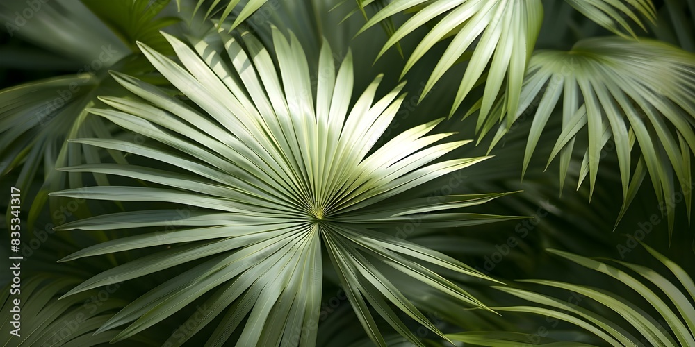 Fototapeta premium Tropical Landscape featuring Colorful Fan-Shaped Saw Palmetto Plants. Concept Tropical Landscapes, Colorful Tropical Plants, Saw Palmetto Plants, Fan-Shaped Foliage, Nature Photography