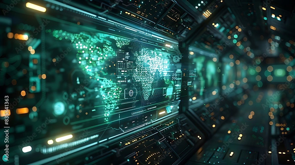 A futuristic visualization of Echoes of AI, with a massive holographic display showing the ripple effects of AI decisions on global maps, economies, and populations. A futuristic visualization of Echoes of AI, with a massive holographic display showing the ripple effects of AI decisions on global maps, economies, and populations.