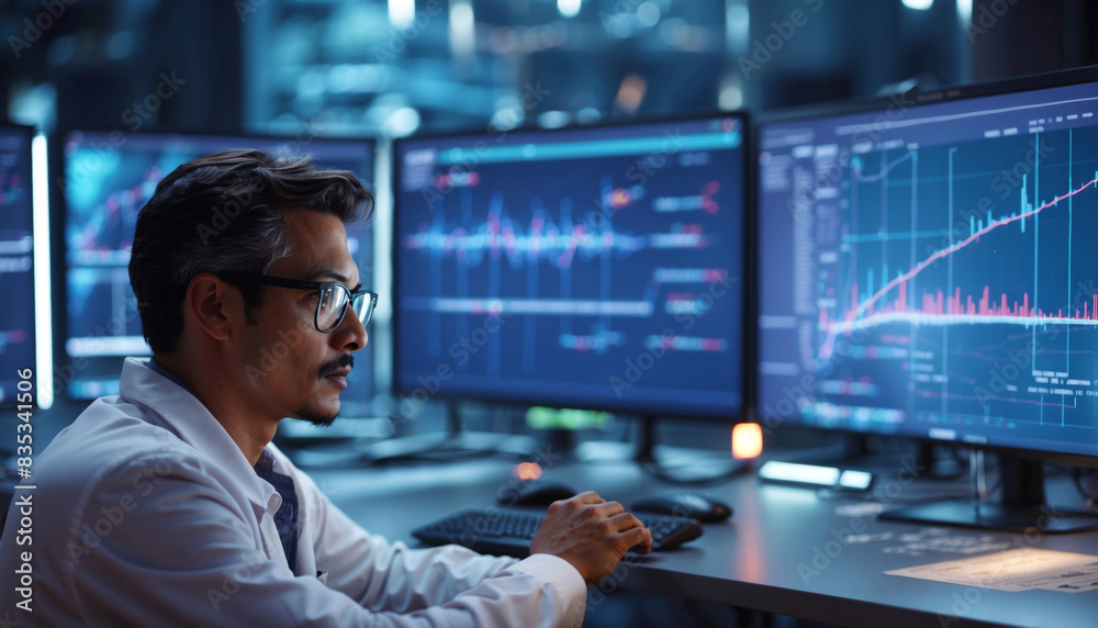 A scientist checks his research results on the monitors A scientist checks his research results on the monitors