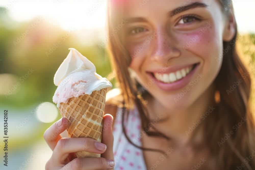 Close-up of a radiant young woman with a captivating smile holding a delicious ice cream cone with sun flare in the background, embodying the joy of summer treats Close-up of a radiant young woman with a captivating smile holding a delicious ice cream cone with sun flare in the background, embodying the joy of summer treats