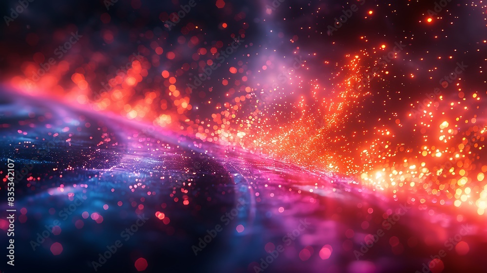 Fototapeta premium A futuristic visualization of Photon Flux, with a macro view of a single fiber optic cable, where light particles zoom past at incredible speeds, creating a blur of colors that resemble a galaxy.
