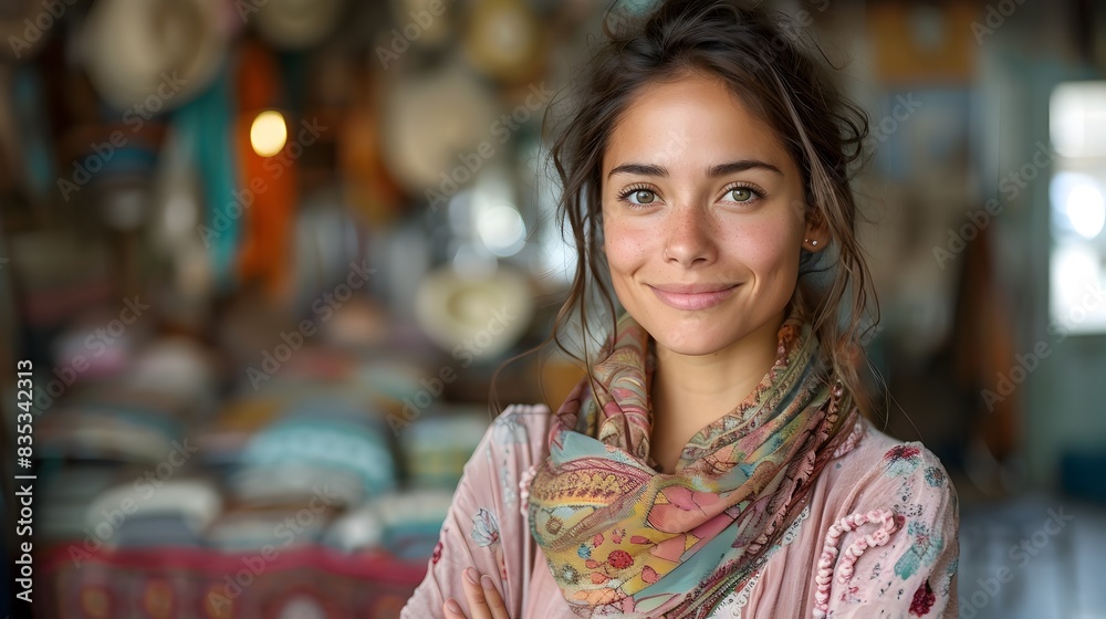 Fashionable Seamstress Crossing Arms in Floral Scarf and Bohemian Dress Fashionable Seamstress Crossing Arms in Floral Scarf and Bohemian Dress