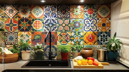 An eclectic kitchen backsplash featuring vibrant multi-color subway tiles with intricate patterned ceramic accents. photo
