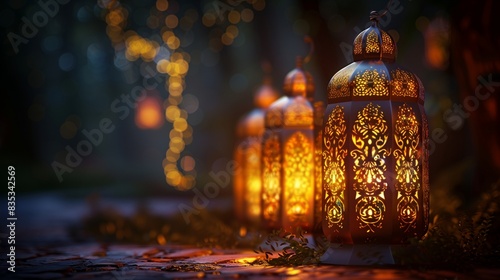Elegant Eid ul Adha lanterns with intricate designs and a warm, golden glow in a dark, intimate setting © Muhammad