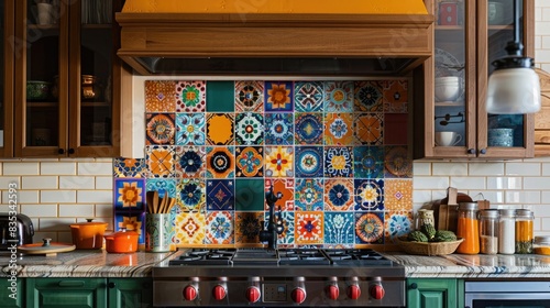 An eclectic kitchen backsplash featuring vibrant multi-color subway tiles with intricate patterned ceramic accents. photo