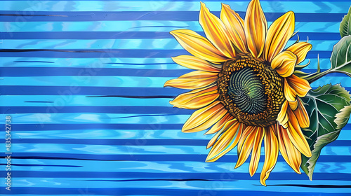 vibrant yellow sunflower captures essence of summer on blue striped backdrop. generative ai