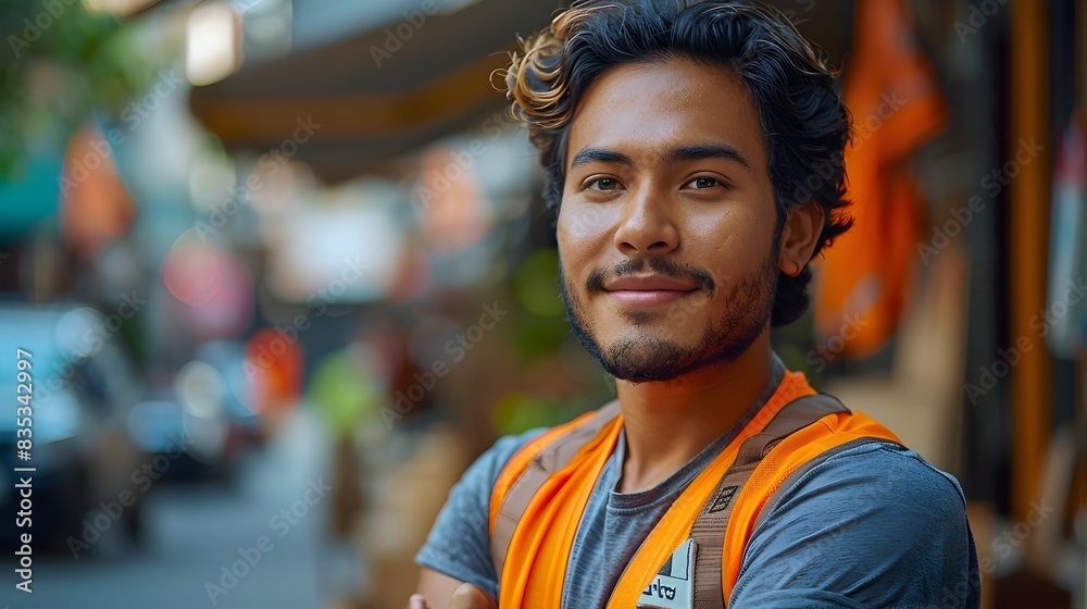 Portrait of a South Asian Delivery Worker in Practical Attire with Ample Copy Space