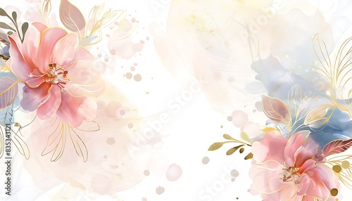 Fototapeta Naklejka Na Ścianę i Meble -  Luxurious golden wallpaper. Banner with flowers. Watercolor pink, blue, lilac spots on a white background. Shiny flowers and twigs. Vector file. 