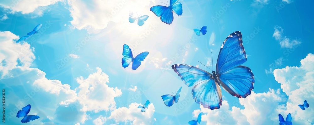 Beautiful blue butterflies flying in a sunny sky with fluffy clouds Beautiful blue butterflies flying in a sunny sky with fluffy clouds