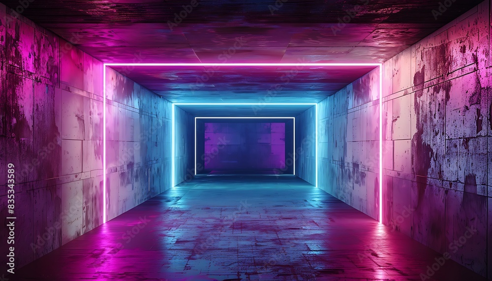 Modern Futuristic Sci Fi Concept Club Background Grunge Concrete Empty Dark Room With Neon Glowing Purple And Blue Pink Neon Lights 3D Rendering Modern Futuristic Sci Fi Concept Club Background Grunge Concrete Empty Dark Room With Neon Glowing Purple And Blue Pink Neon Lights 3D Rendering