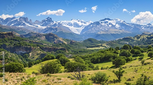 An expansive scene of Patagonia's natural beauty, with rolling green hills, rocky outcrops, and glistening glaciers under a clear, bright sky, evoking a sense of peace and timeless elegance © MJ