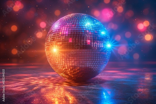Disco ball with a bright orange and blue center is surrounded by a blurry background. The ball is illuminated by a spotlight, creating a sense of excitement and energy. Fun and festive