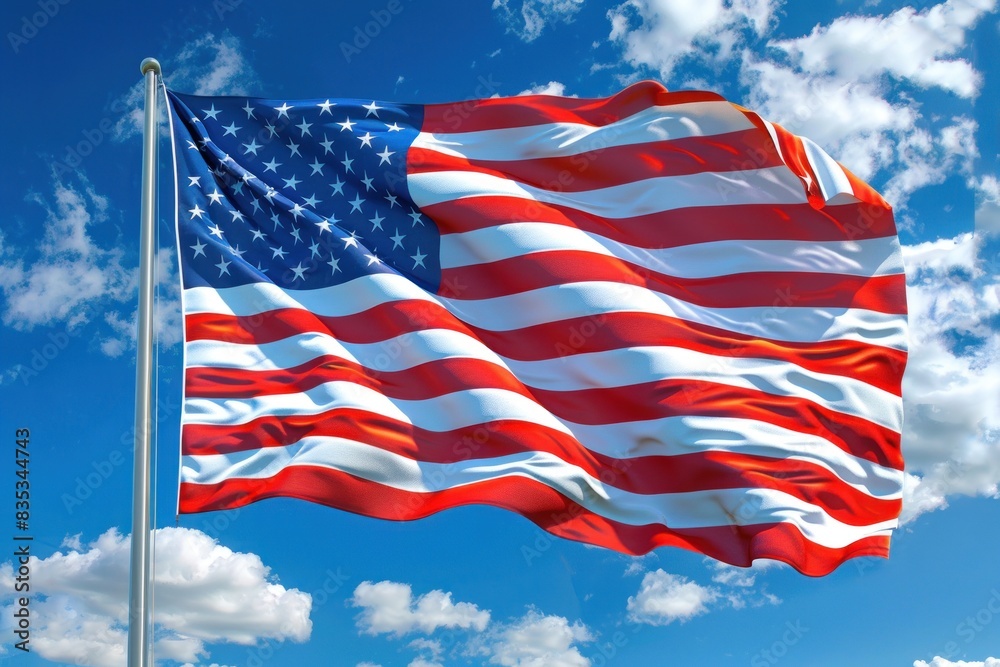 American flag waving against a blue sky with clouds. Symbol of freedom and patriotism. Design for poster, banner, and greeting card.