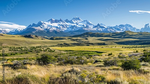 A tranquil scene capturing the essence of Patagonia's diverse landscape, featuring rolling green hills, scattered scrub, and distant snow-covered mountains under a bright, cloudless sky, evoking a