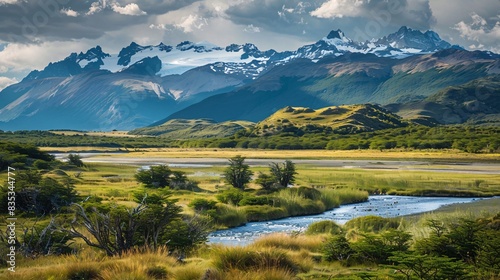 A detailed portrayal of Patagonia s lush  green terrain juxtaposed with the stark  icy expanse of glaciers  highlighting the natural patterns and textures that define this unique and breathtaking