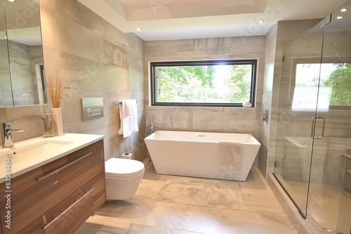  Immerse yourself in the sleek sophistication of a contemporary European bathroom showcasing a built-in bathtub and a floating vanity with integrated storage