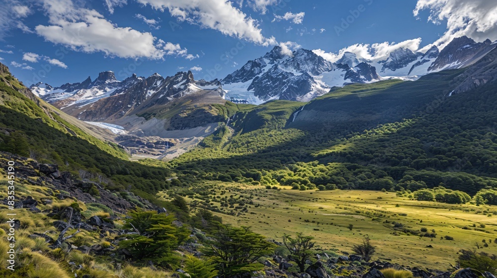 Fototapeta premium A detailed scene of Patagonia's rugged beauty, highlighting the natural patterns of the vegetation and the stark contrast between the green valleys and the white glaciers, under a bright, clear sky