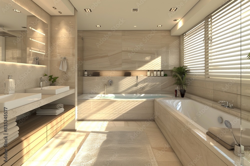 Immerse yourself in the sleek sophistication of a contemporary European bathroom showcasing a built-in bathtub and a floating vanity with integrated storage Immerse yourself in the sleek sophistication of a contemporary European bathroom showcasing a built-in bathtub and a floating vanity with integrated storage