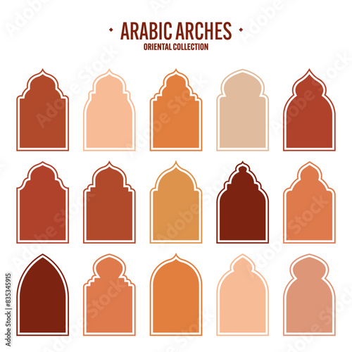 Islamic frames  oriental style objects. Arabic shapes  windows and arches. Traditional ornamental banner  frame. Muslim holidays  Ramadan Kareem. Modern eastern architecture. Vector illustration