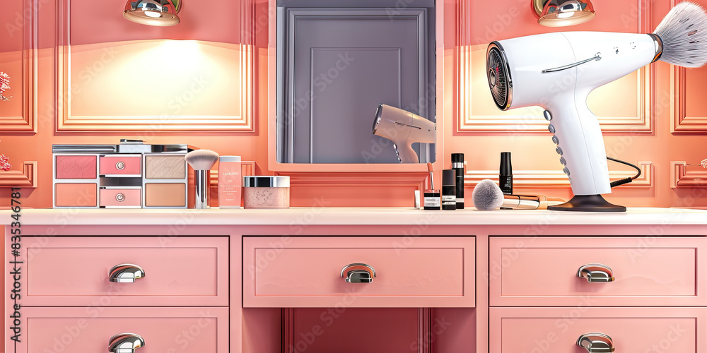 Coral Pink Beauty Counter: Vanity counter with a makeup mirror, drawers of cosmetics, and a hair dryer.