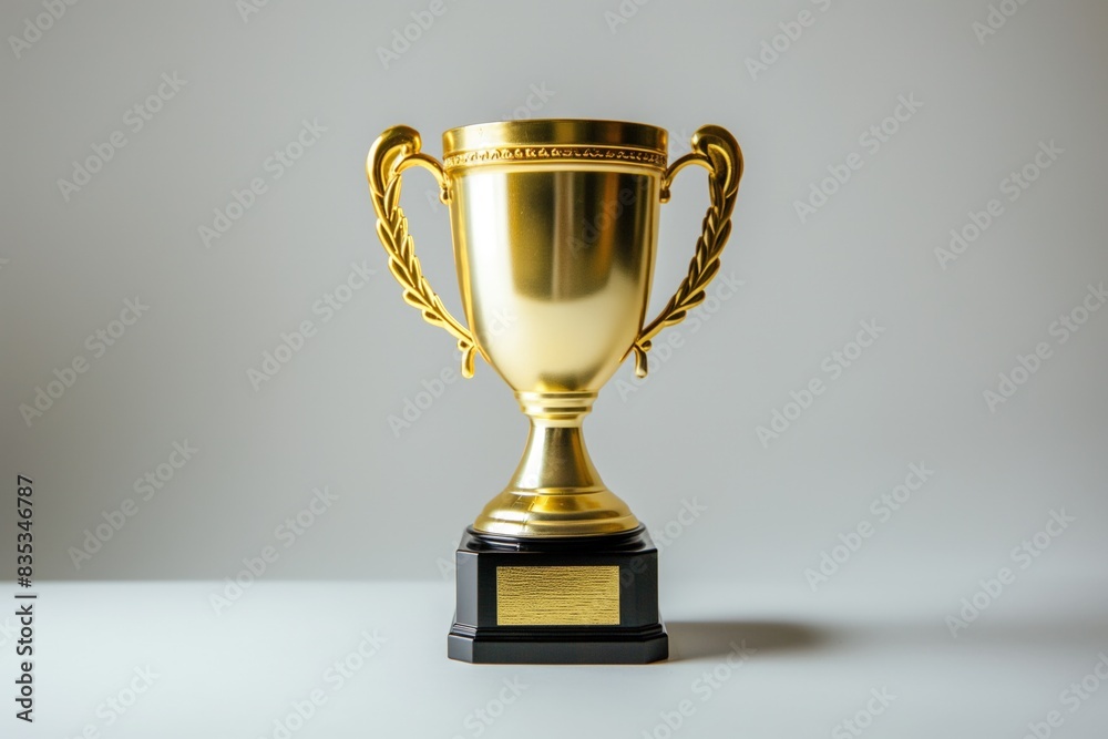 Pristine golden trophy with two handles and a black base, symbolizing achievement and success, displayed prominently against a clean, white backdrop with a soft shadow Pristine golden trophy with two handles and a black base, symbolizing achievement and success, displayed prominently against a clean, white backdrop with a soft shadow