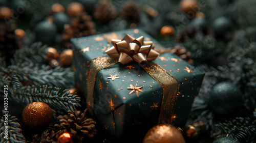 Christmas green present box with bokeh lights, wrapped in dark green paper with gold stars and glittery golden ribbons, pinecones, baubles, festive foliage, with warm glowing bokeh lights effect
