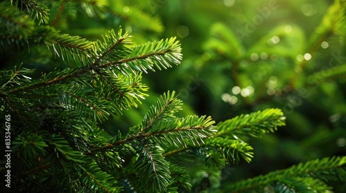 Green branches of fir trees serve as a backdrop