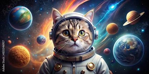 Cute cat astronaut in spacesuit exploring space with planets in the background, cat, astronaut, spacesuit, space,, planets, galaxy, adventure, exploration, cosmic, adorable, stars, universe photo