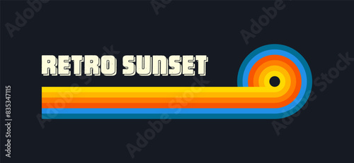 Vintage sunset collection. Various colorful striped sunrise badges in 80s and 90s style. Sun and ocean view, summer vibes, surfing. Design element for print, logo or t-shirt. Vector illustration