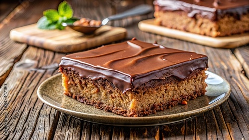 Delicious slice of Texas sheet cake with chocolate frosting on a rustic wooden table, dessert, food, cake, sweet, baked, delicious, chocolate, treat, indulgence, homemade, decadent, icing