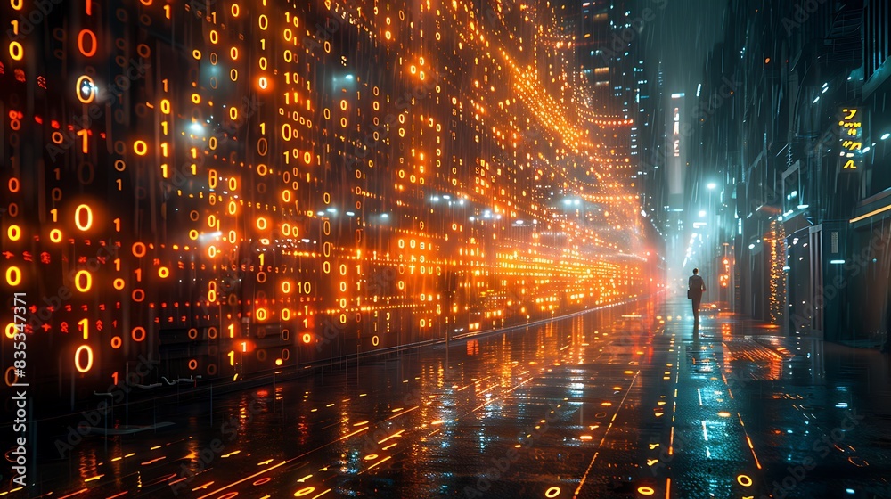A photorealistic depiction of Data Mirage, with a cityscape reflected on a surface that distorts into streams of binary code and digital artifacts, creating a surreal and fragmented view. A photorealistic depiction of Data Mirage, with a cityscape reflected on a surface that distorts into streams of binary code and digital artifacts, creating a surreal and fragmented view.