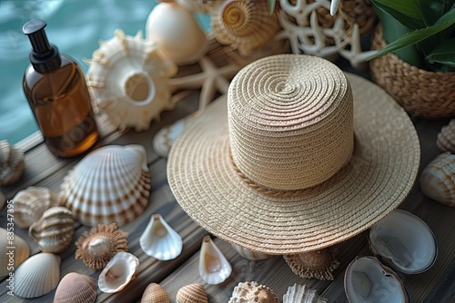 Straw hat on the table next to the shells and a bottle