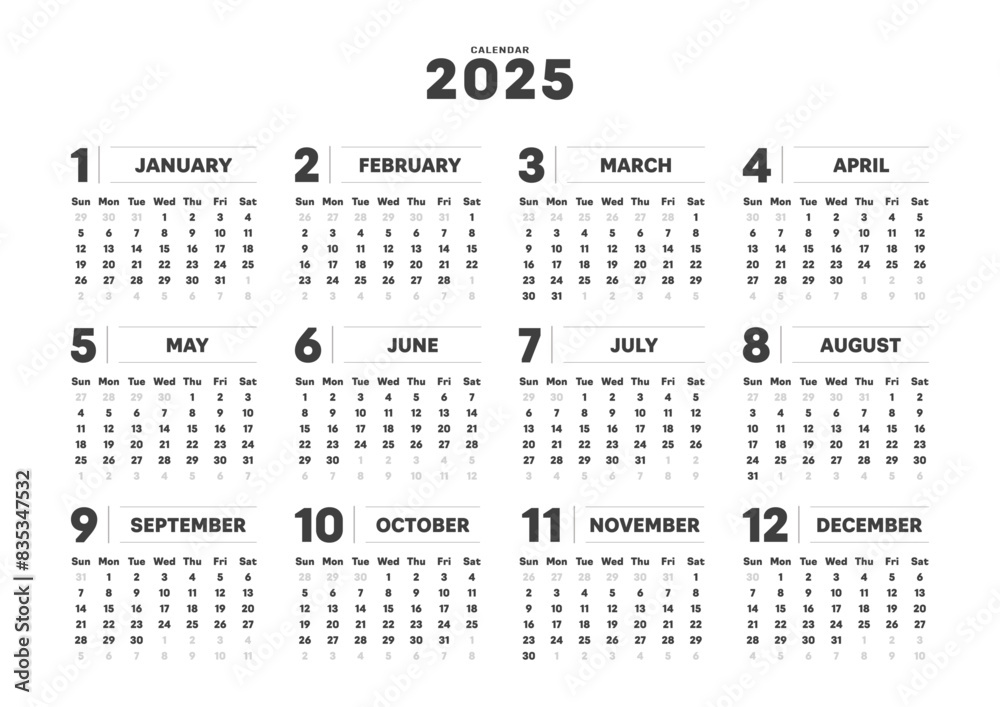 2025年のシンプルなデザインの年間カレンダー - 日曜始まり・12ヶ月・1年分の暦 - A判比率 2025年のシンプルなデザインの年間カレンダー - 日曜始まり・12ヶ月・1年分の暦 - A判比率
