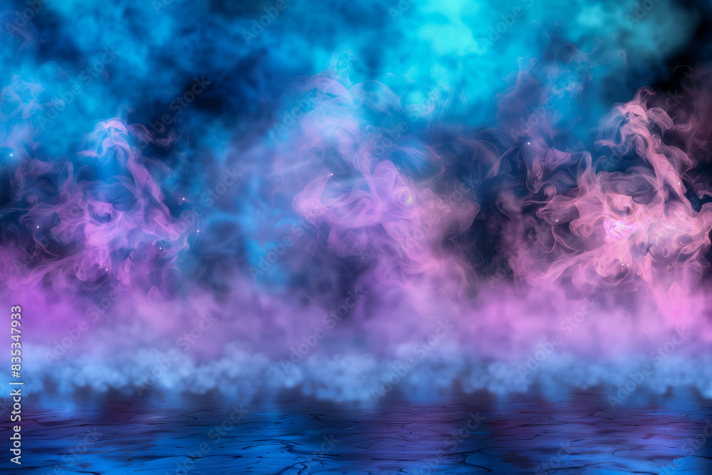 Beautiful abstract modern blue backdrop for a product presentation with a smooth floor and trailing pink smoke Beautiful abstract modern blue backdrop for a product presentation with a smooth floor and trailing pink smoke
