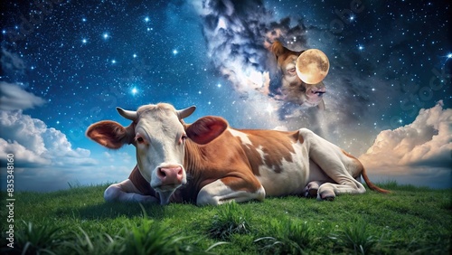 Cute cow sleeping peacefully under the night sky , cow, cute, sleeping, night, cartoon, soft,rest, relaxation, peaceful, adorable, animal, farm, mammal, dream, stars, moon, sky photo