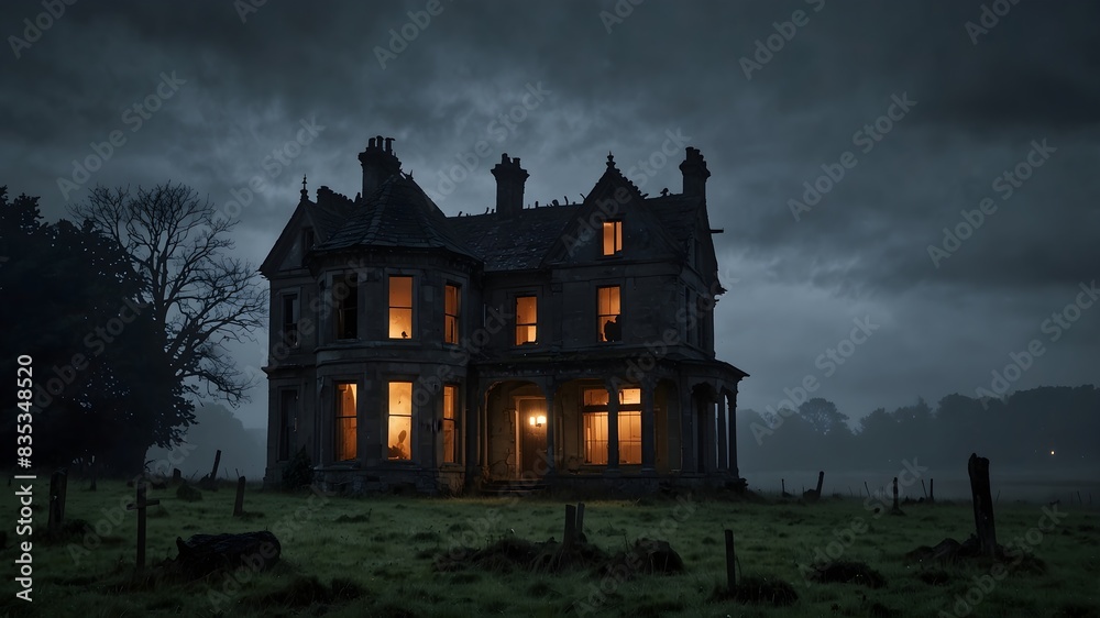 As midnight descends, the decrepit house emerges from the mist, its crumbling pillars and jagged roofline a haunting sight against the inky blackness As midnight descends, the decrepit house emerges from the mist, its crumbling pillars and jagged roofline a haunting sight against the inky blackness