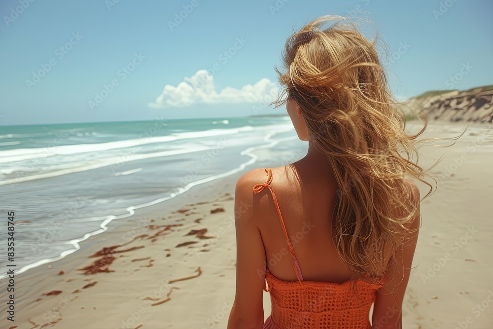 Young woman with long blonde hair stands on a beach, wearing an orange dress Young woman with long blonde hair stands on a beach, wearing an orange dress
