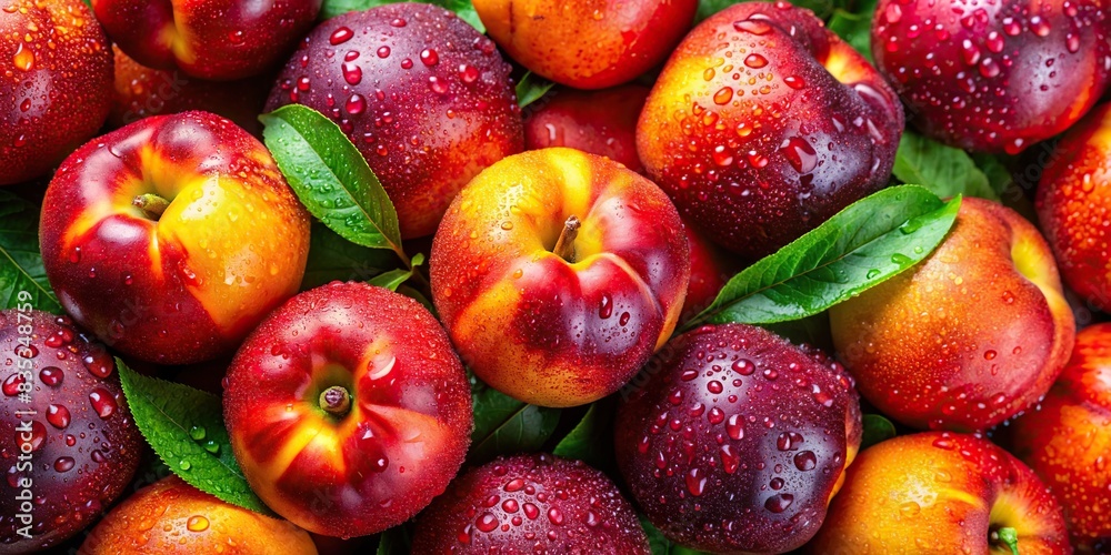 Fresh ripe nectarines with water drops as background, top view, nectarines, fresh, ripe, juicy, water drops, top view, fruit, organic, healthy, summer, refreshment, close-up, vibrant, colorful