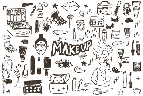 Set of doodle beauty make up. Cosmetics elements. Brush, eye shadow, mascara, mirror, cream,  lipstick, nail polish, foundation, perfume. Girl doing makeup Outline vector illustration