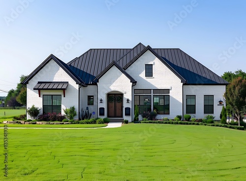 front view of a white brick house with a black roof in a modern style in a suburban neighborhood community in Texas USA © Surrya
